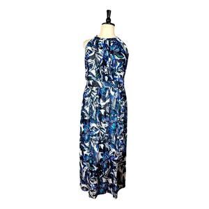 Jones Studio New Maxi Dress Halter Neck Pleated Chiffon Blue Multi Women’s 16W